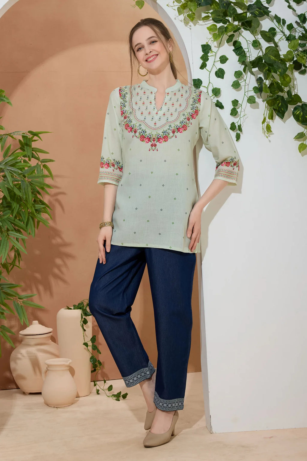 Elegant Pista Color Ethnic Print Cotton Short Kurti with Ban Collar