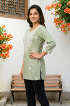 Pista Rayon Short Kurti with Chikankari Embroidery