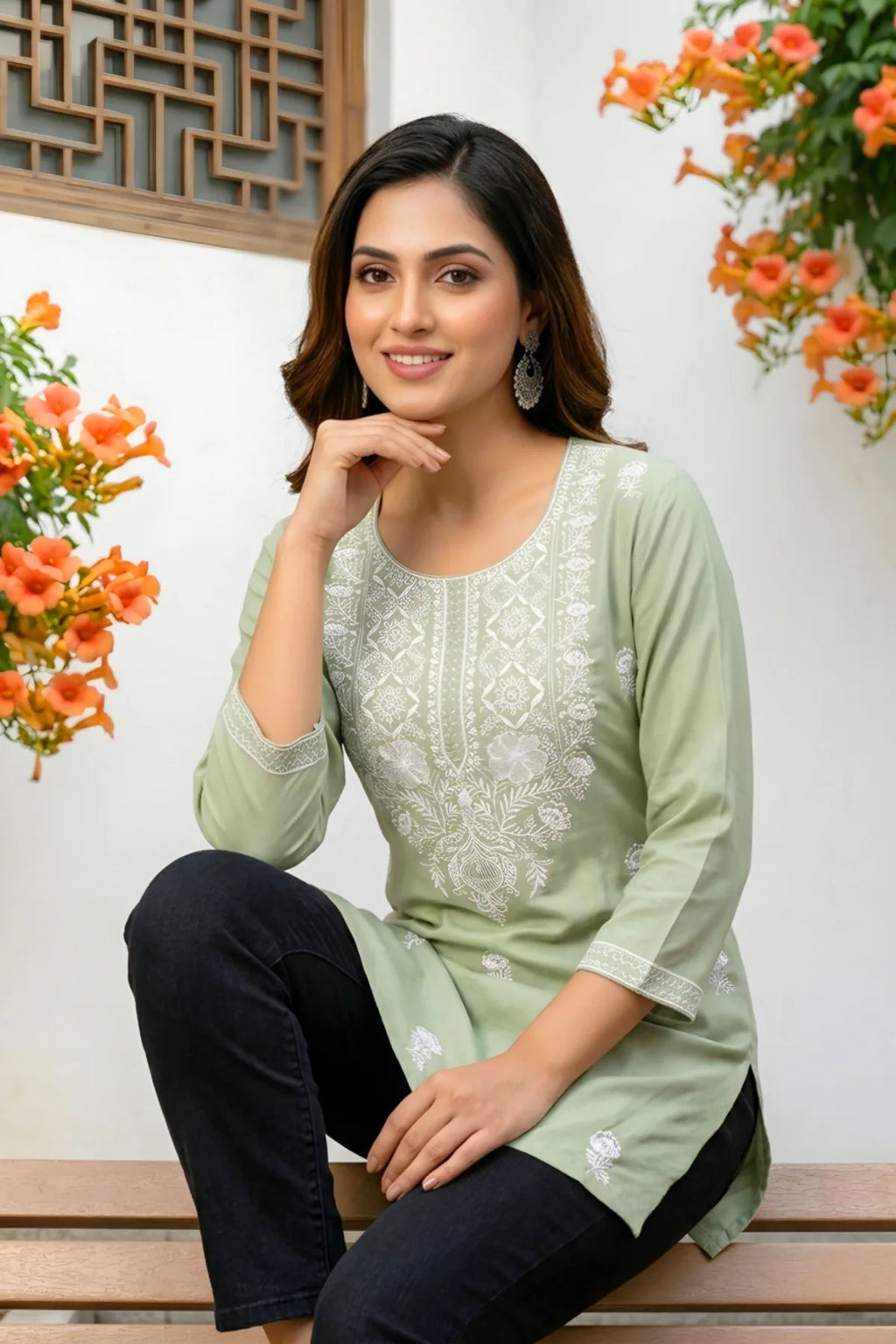 Pista Rayon Short Kurti with Chikankari Embroidery
