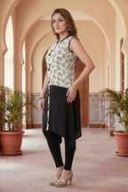 Black And Cream Rayon Tunic Kurta With Show Buttons