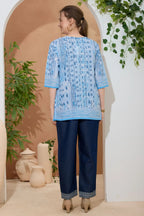 Sky Blue Ethnic Print Cotton Short Kurti with Thread Work