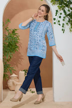 Sky Blue Ethnic Print Cotton Short Kurti with Thread Work