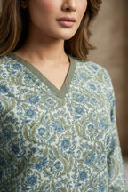 Pista Green V Neck Jaipuri Print Cotton Short Kurti