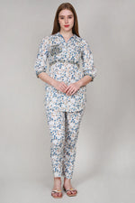 White Leaf Print Cotton Co-Ord Set with Mirror Work