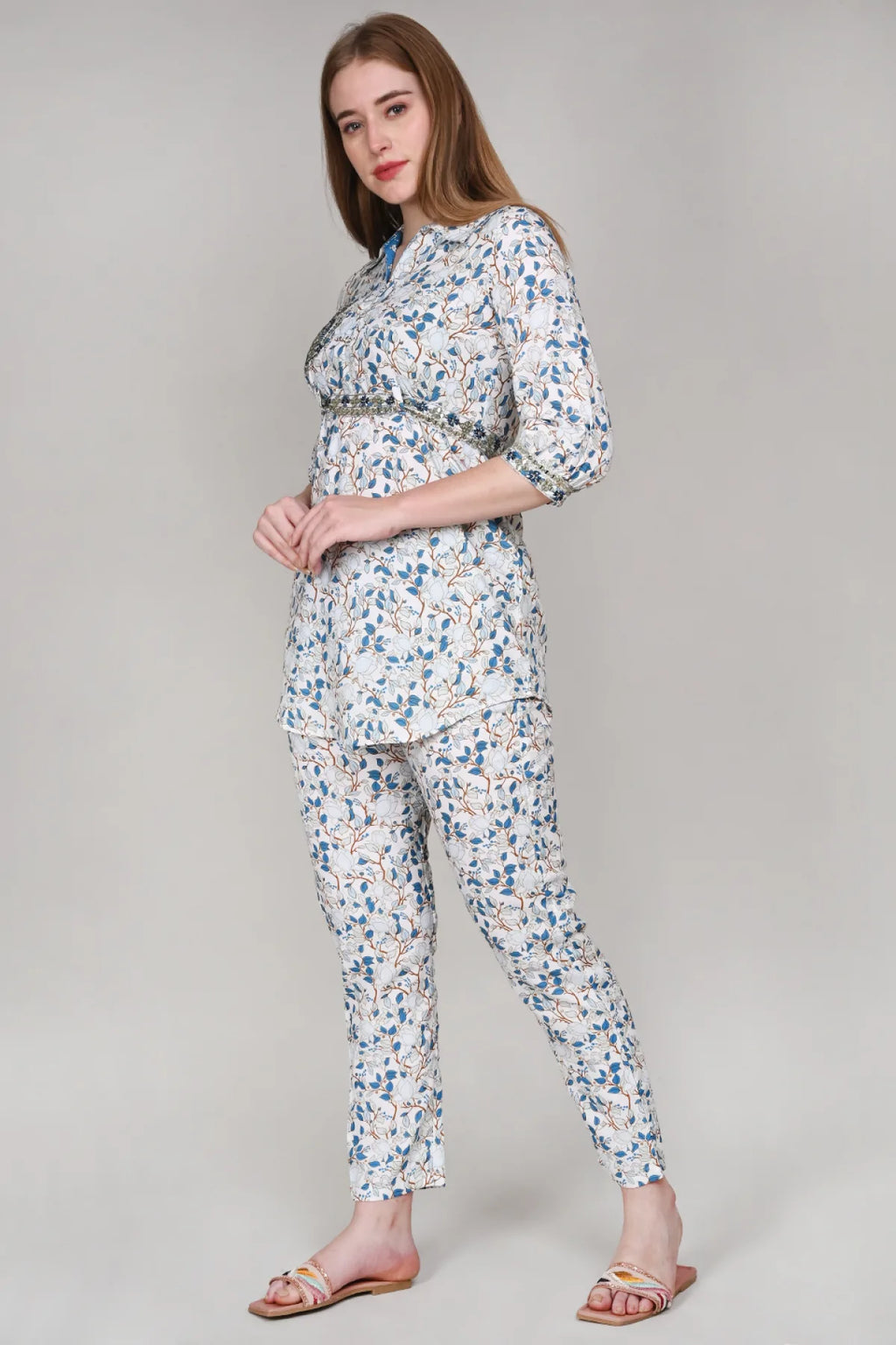 White Leaf Print Cotton Co-Ord Set with Mirror Work