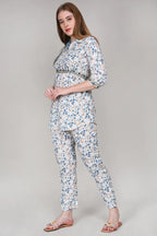 White Leaf Print Cotton Co-Ord Set with Mirror Work
