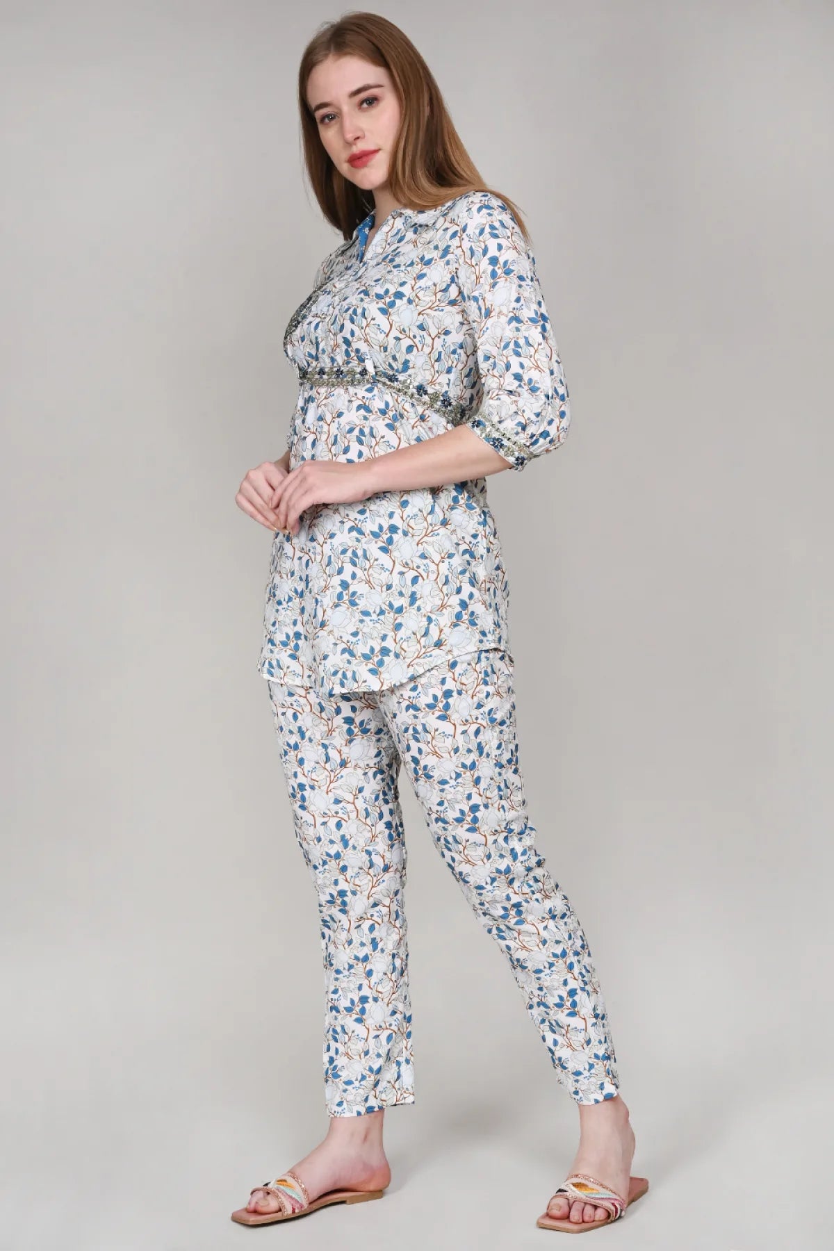 White Leaf Print Cotton Co-Ord Set with Mirror Work