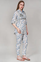 White Leaf Print Cotton Co-Ord Set with Mirror Work