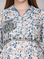 White Leaf Print Cotton Co-Ord Set with Mirror Work