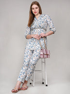 White Leaf Print Cotton Co-Ord Set with Mirror Work