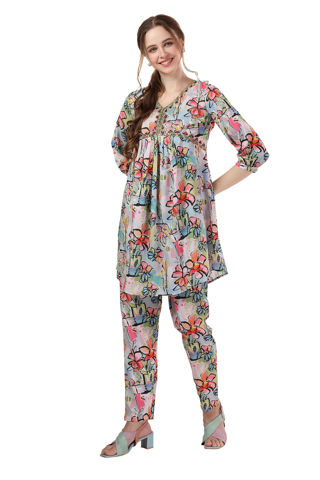 Ethnic Abstract Flower Print Cotton Aliya Cut Co Ord Set