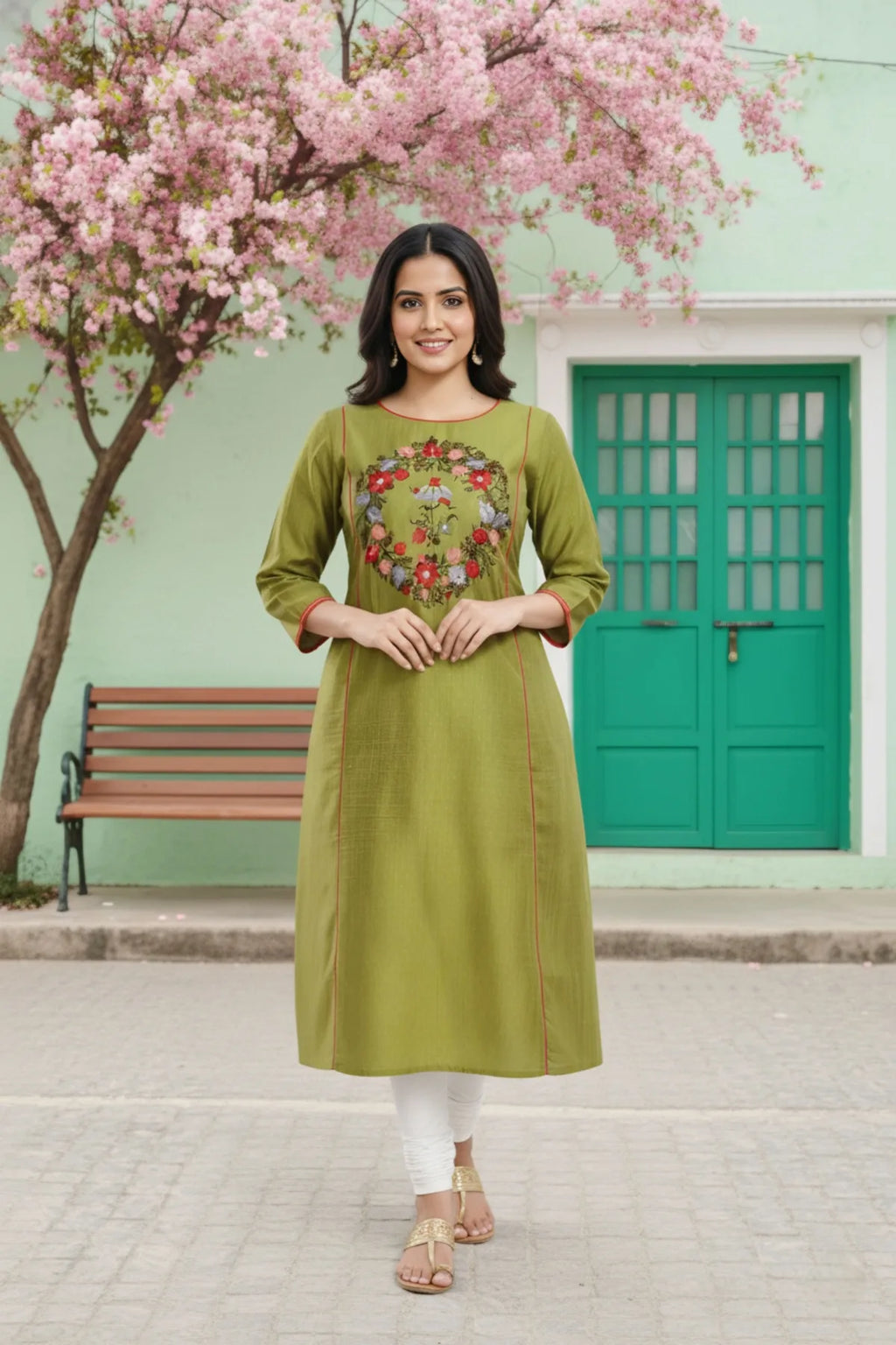 Ethnic Embroidered Green Raw Silk Tunic
