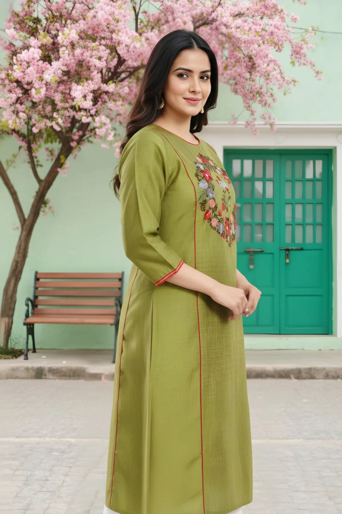 Ethnic Embroidered Green Raw Silk Tunic