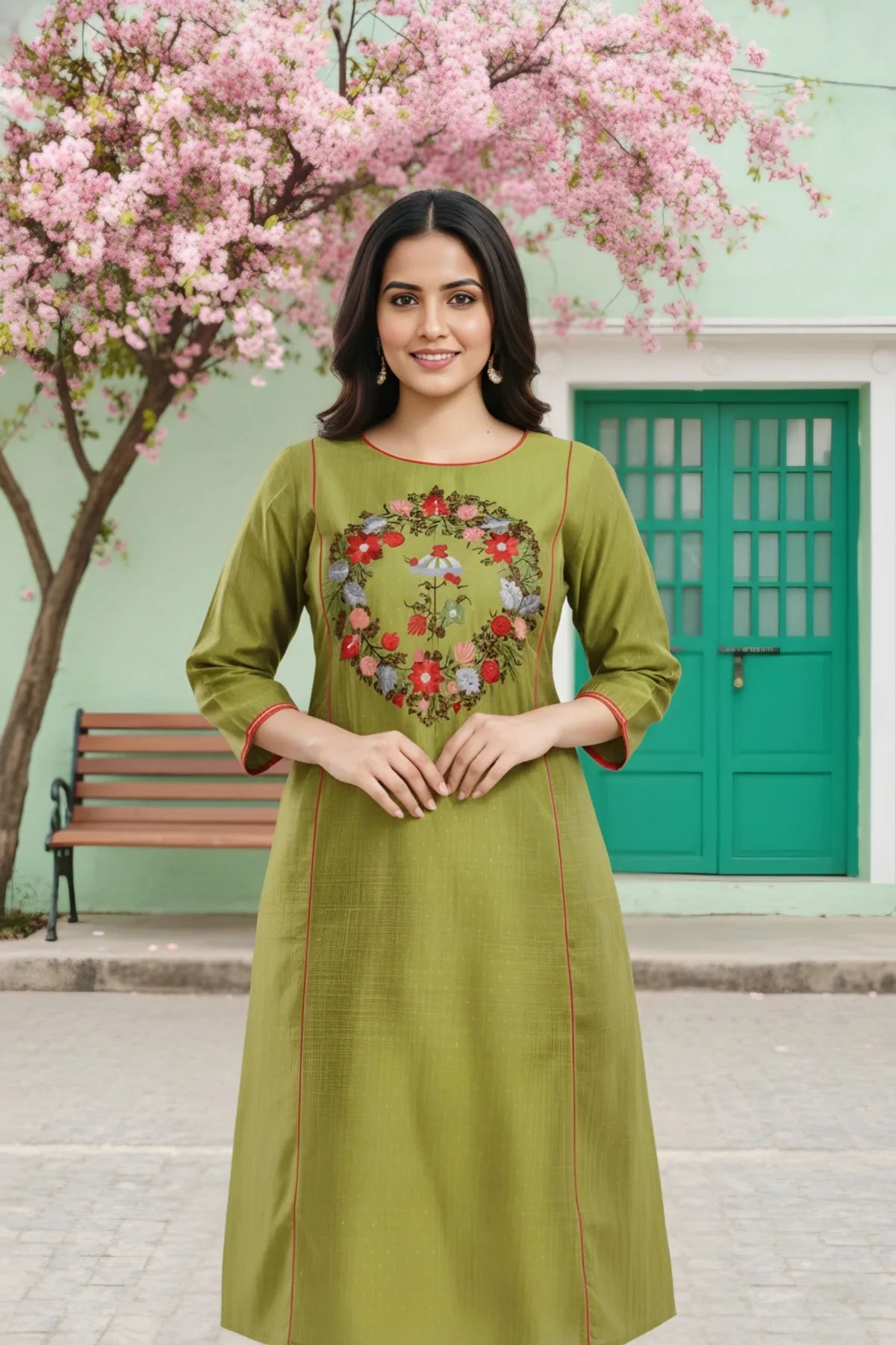 Ethnic Embroidered Green Raw Silk Tunic