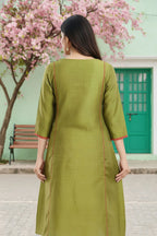 Ethnic Embroidered Green Raw Silk Tunic
