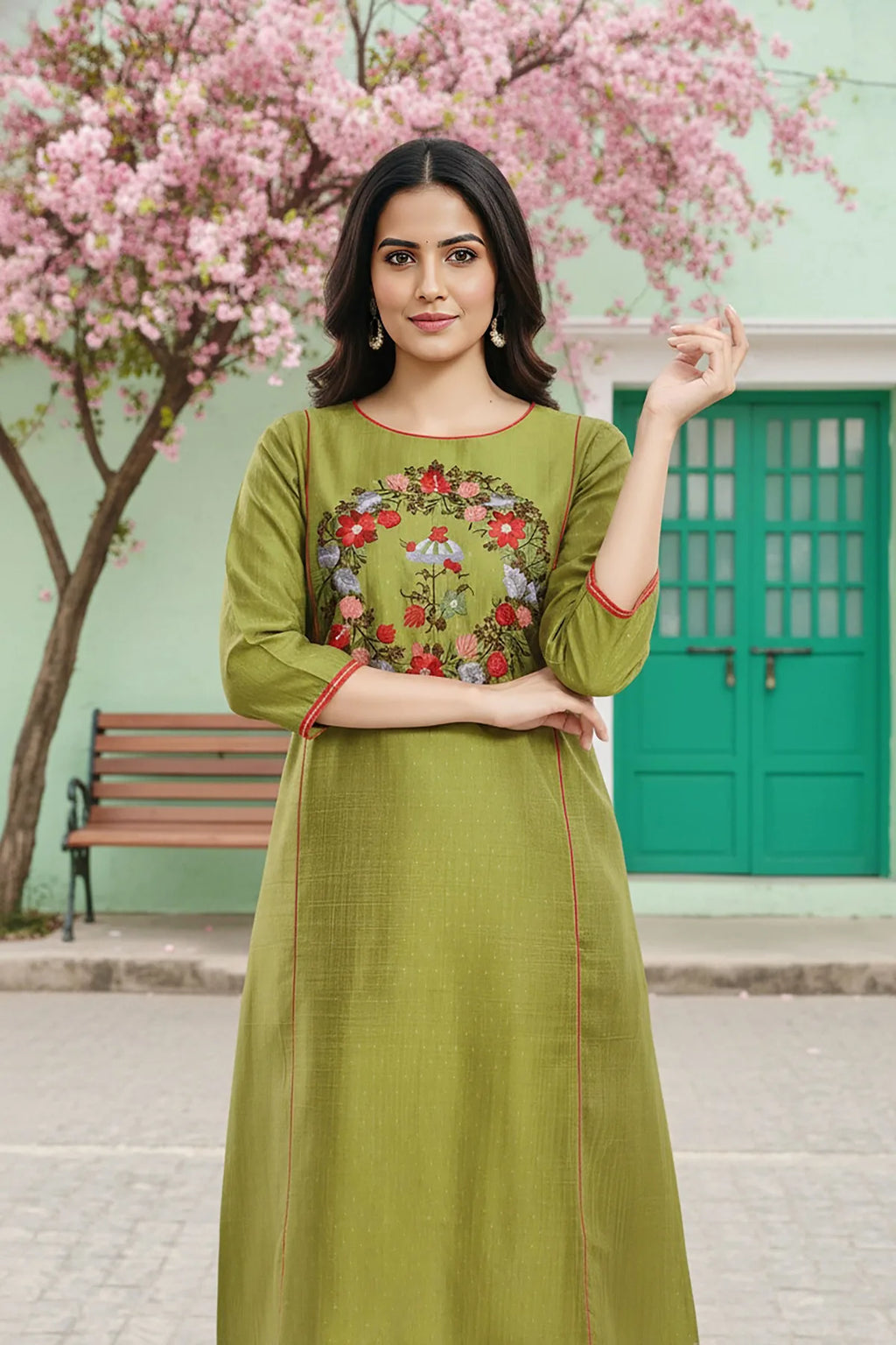 Ethnic Embroidered Green Raw Silk Tunic