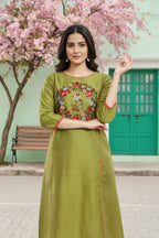 Ethnic Embroidered Green Raw Silk Tunic