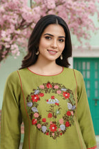 Ethnic Embroidered Green Raw Silk Tunic