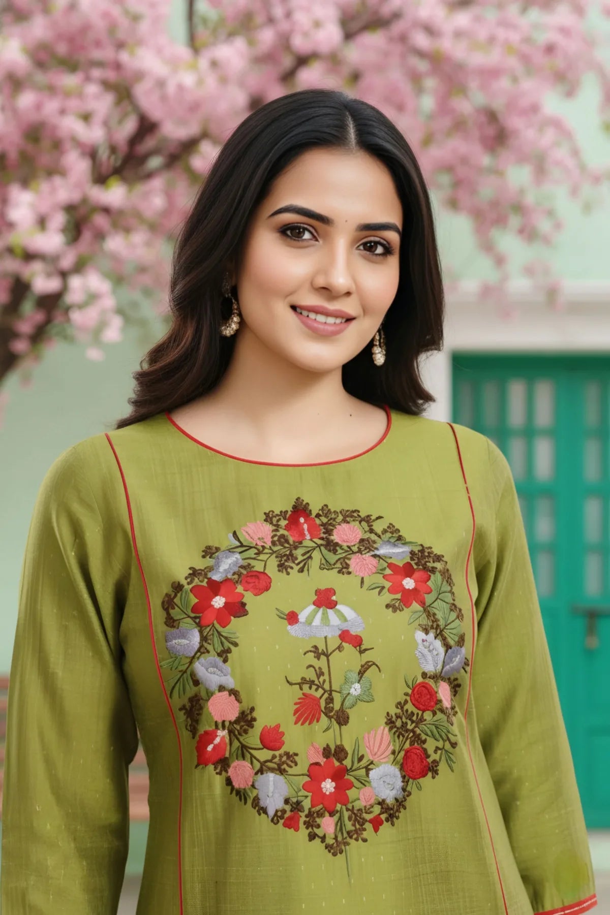 Ethnic Embroidered Green Raw Silk Tunic