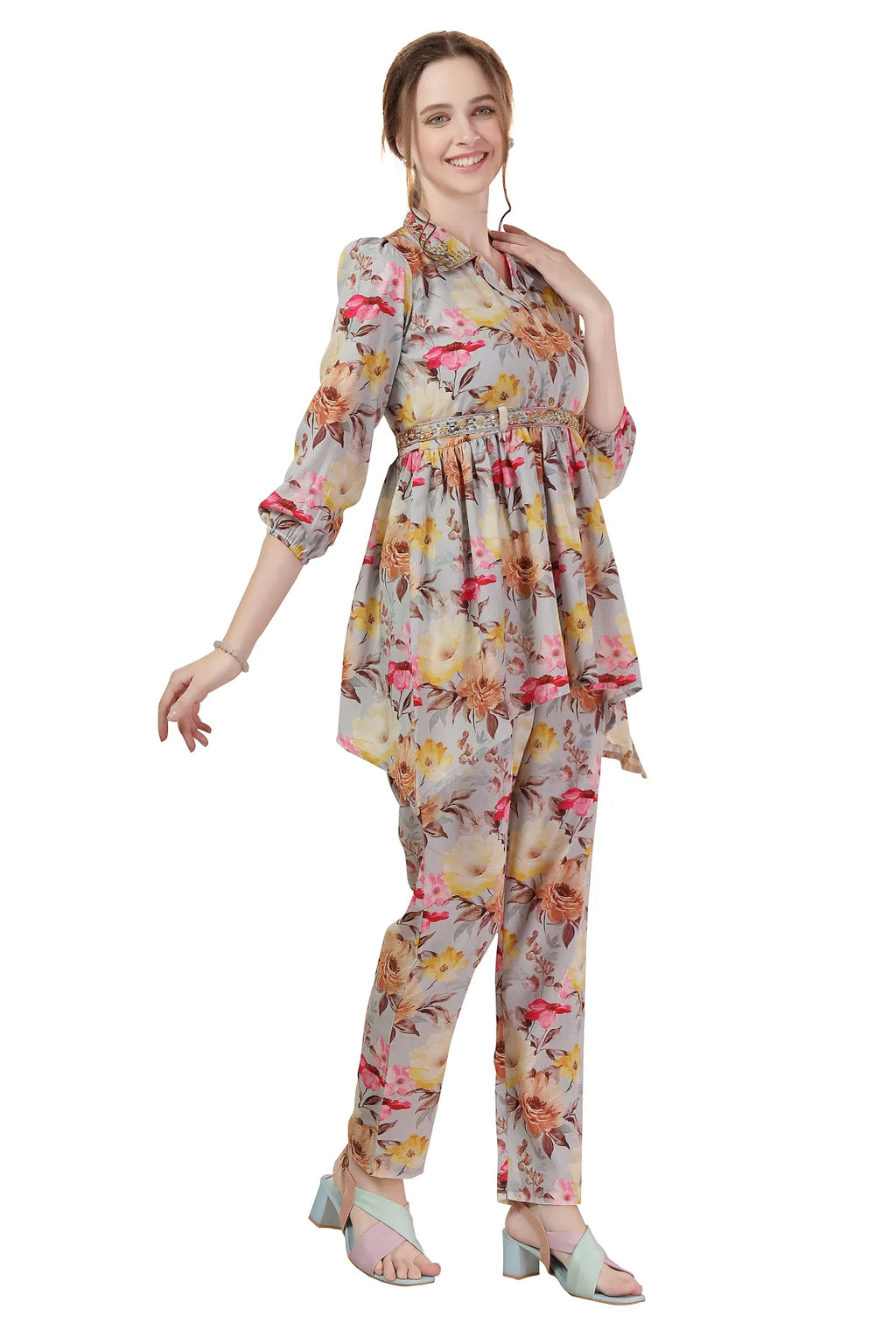 Rama Green Floral Print Cotton Co-Ord Set with Belt