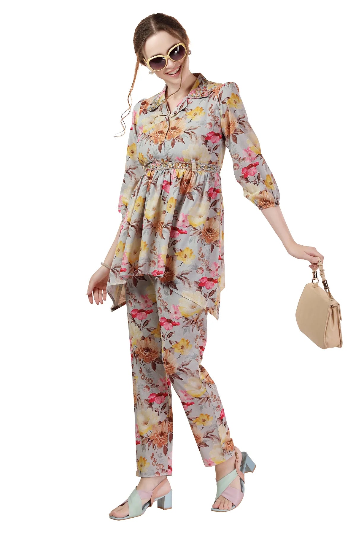Rama Green Floral Print Cotton Co-Ord Set with Belt