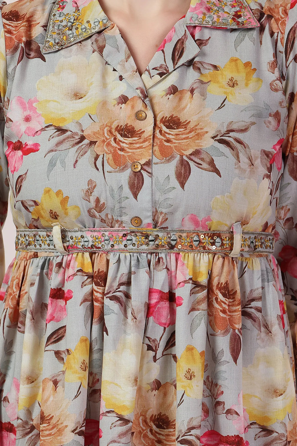 Rama Green Floral Print Cotton Co-Ord Set with Belt