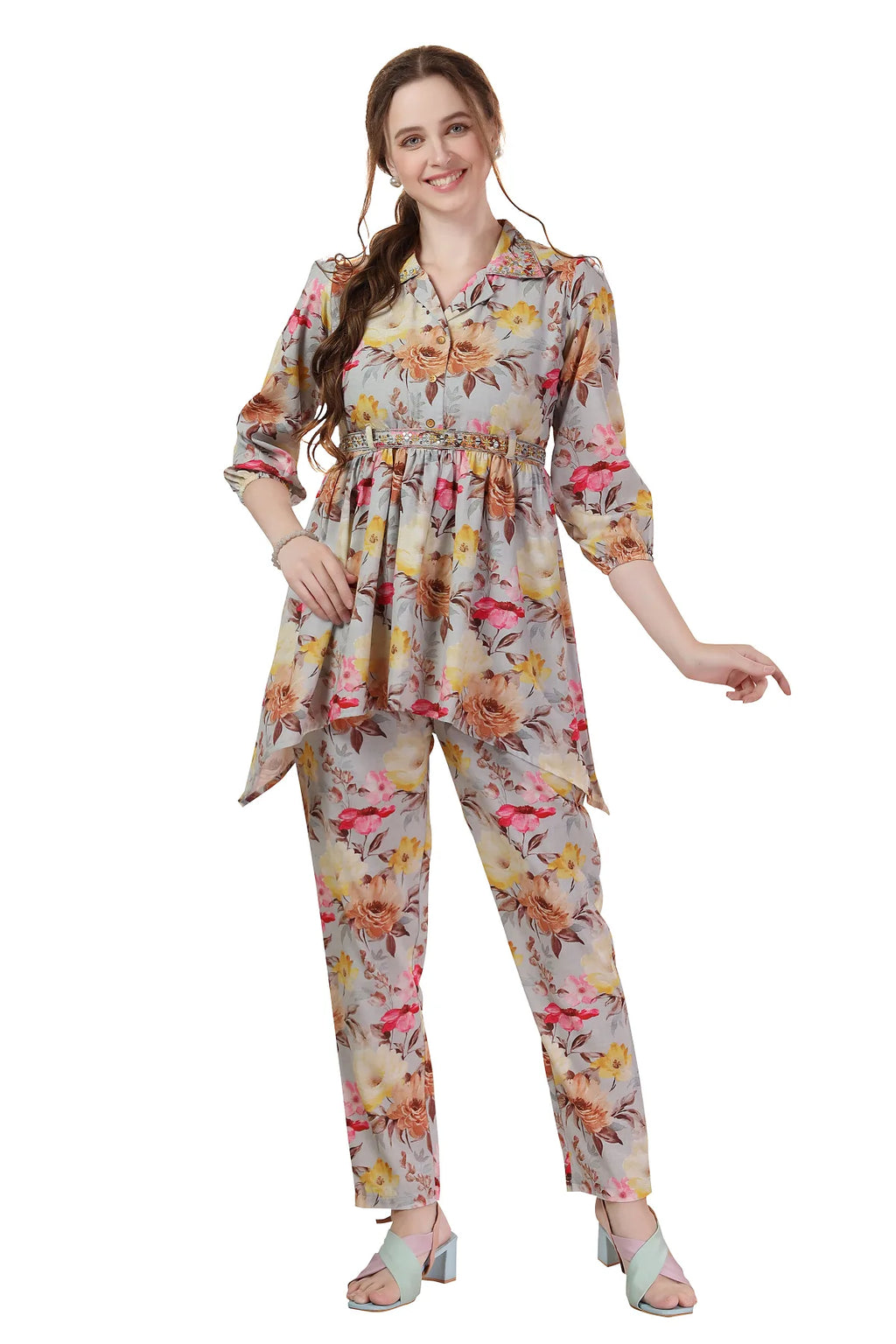 Rama Green Floral Print Cotton Co-Ord Set with Belt