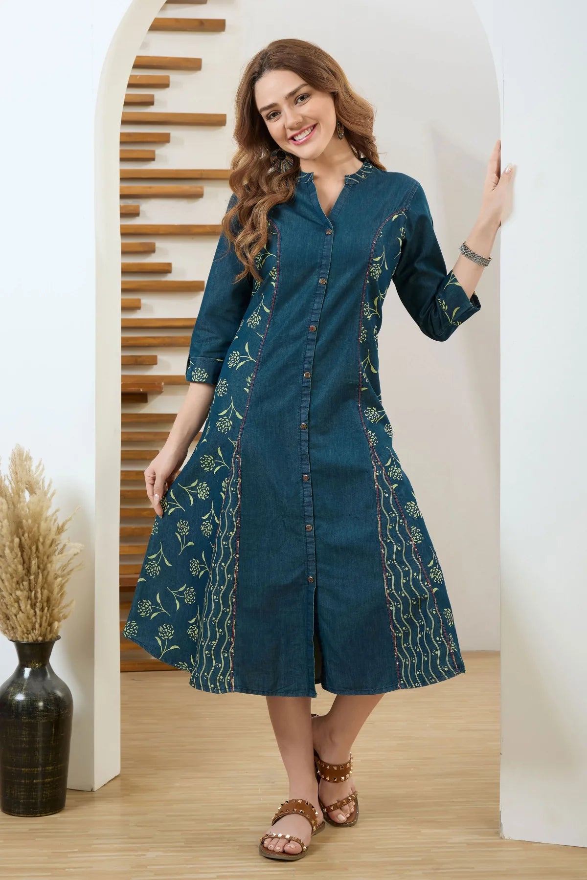 Denim Blue A Line Dress with Ethnic Motif Print