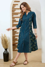 Denim Blue A Line Dress with Ethnic Motif Print