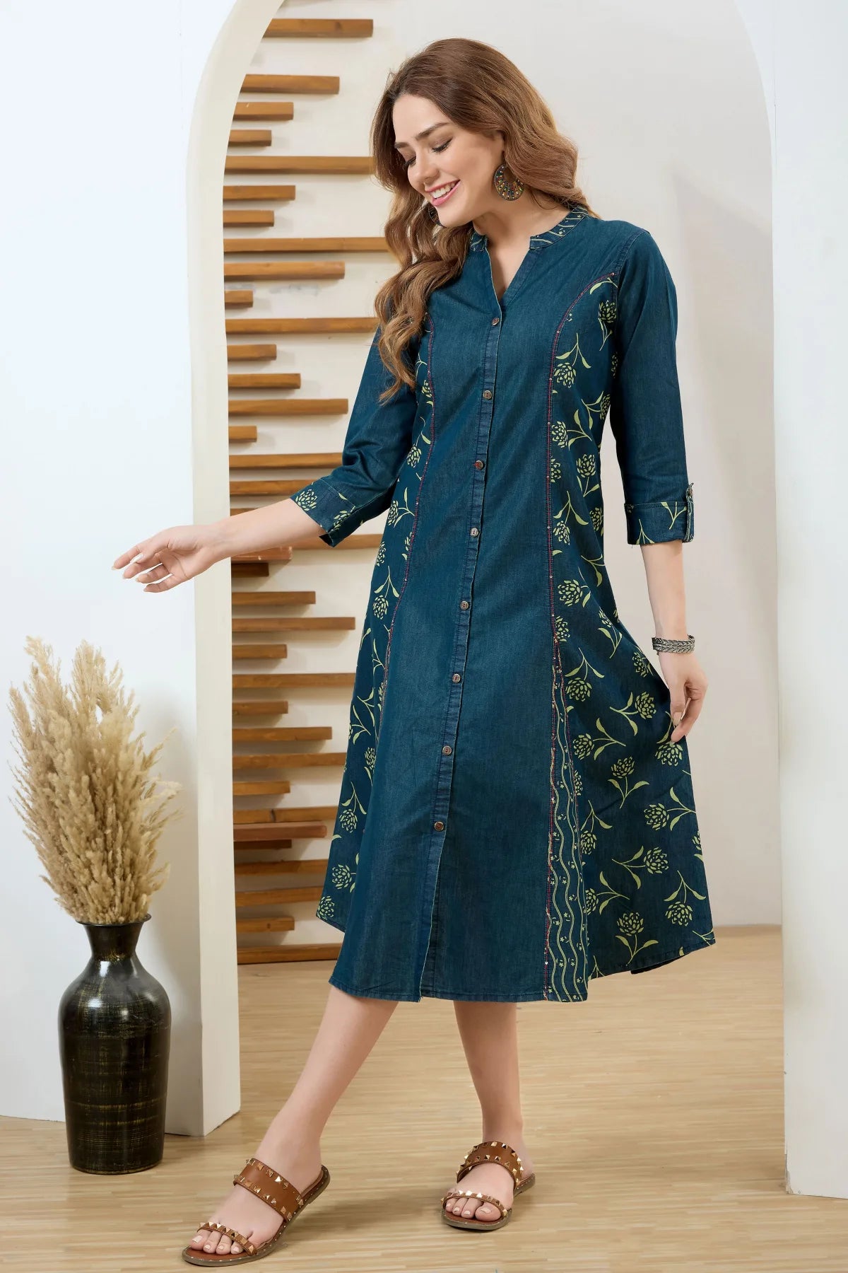 Denim Blue A Line Dress with Ethnic Motif Print