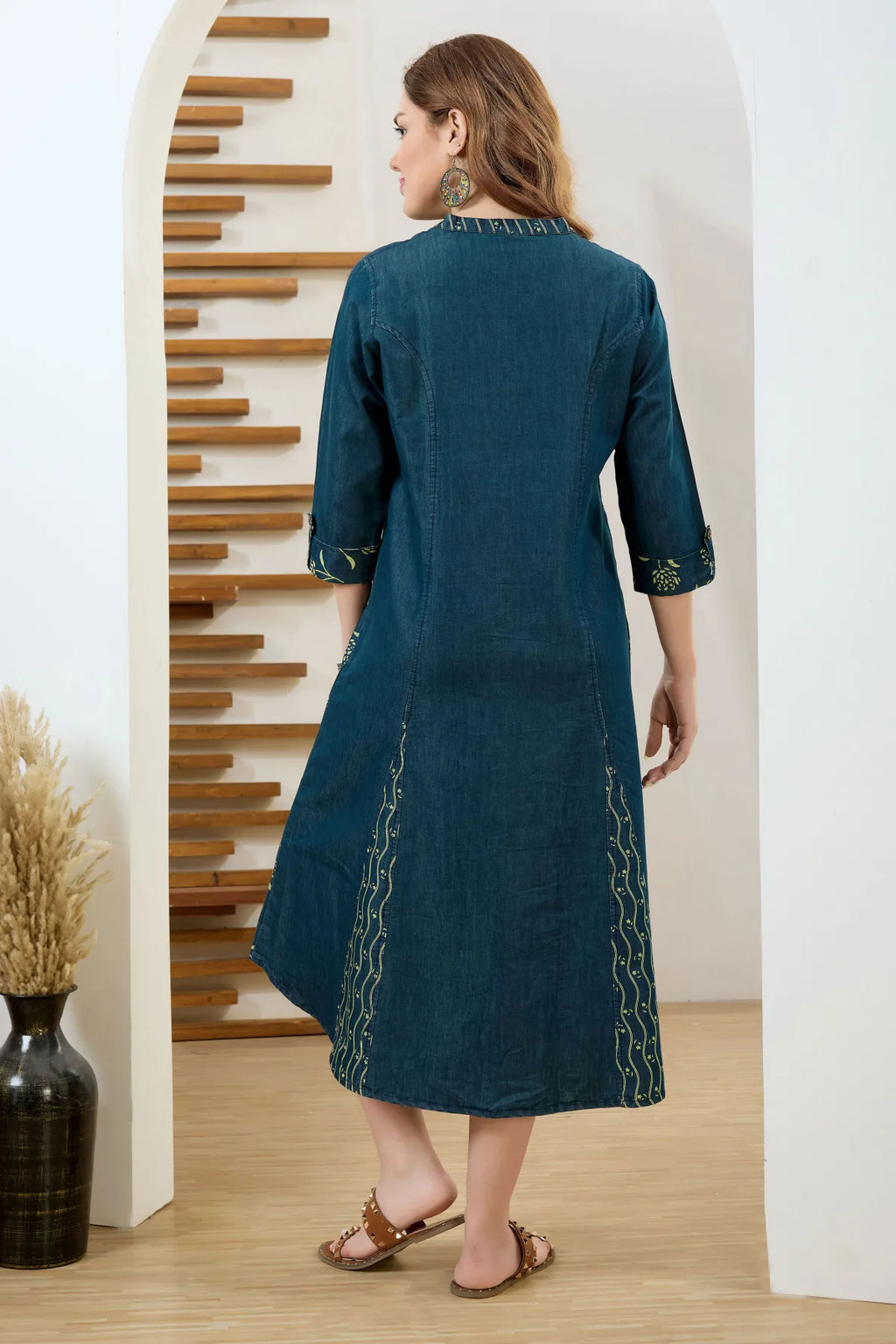 Denim Blue A Line Dress with Ethnic Motif Print
