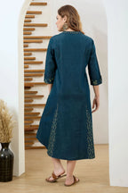 Denim Blue A Line Dress with Ethnic Motif Print