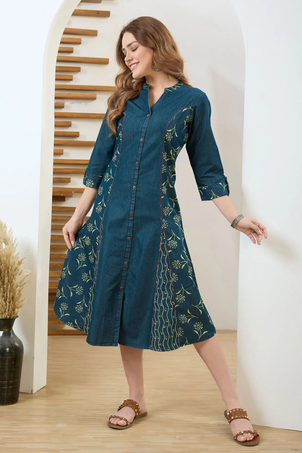 Denim Blue A Line Dress with Ethnic Motif Print