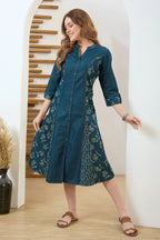 Denim Blue A Line Dress with Ethnic Motif Print