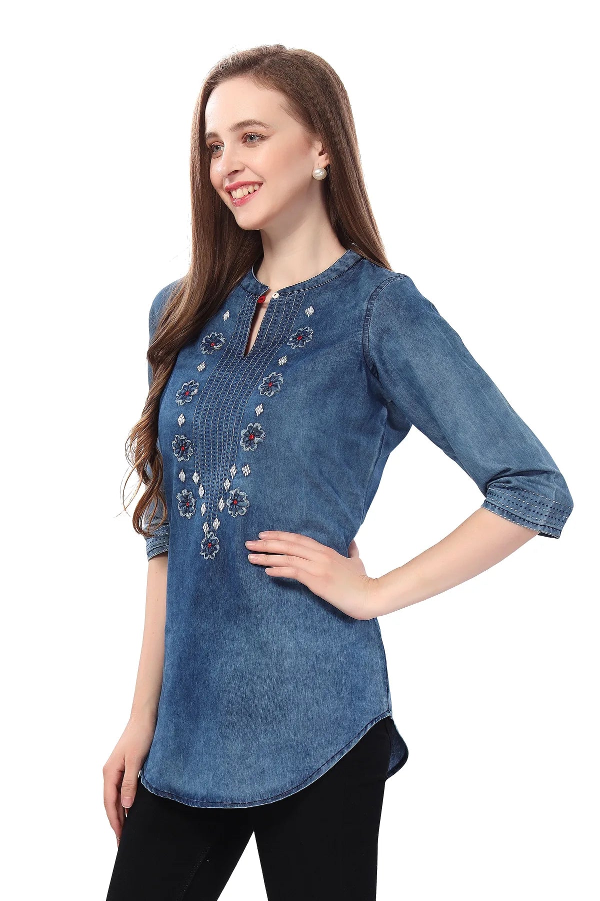 Denim Blue Tunic with Applique Embroidery, Cloud Wash