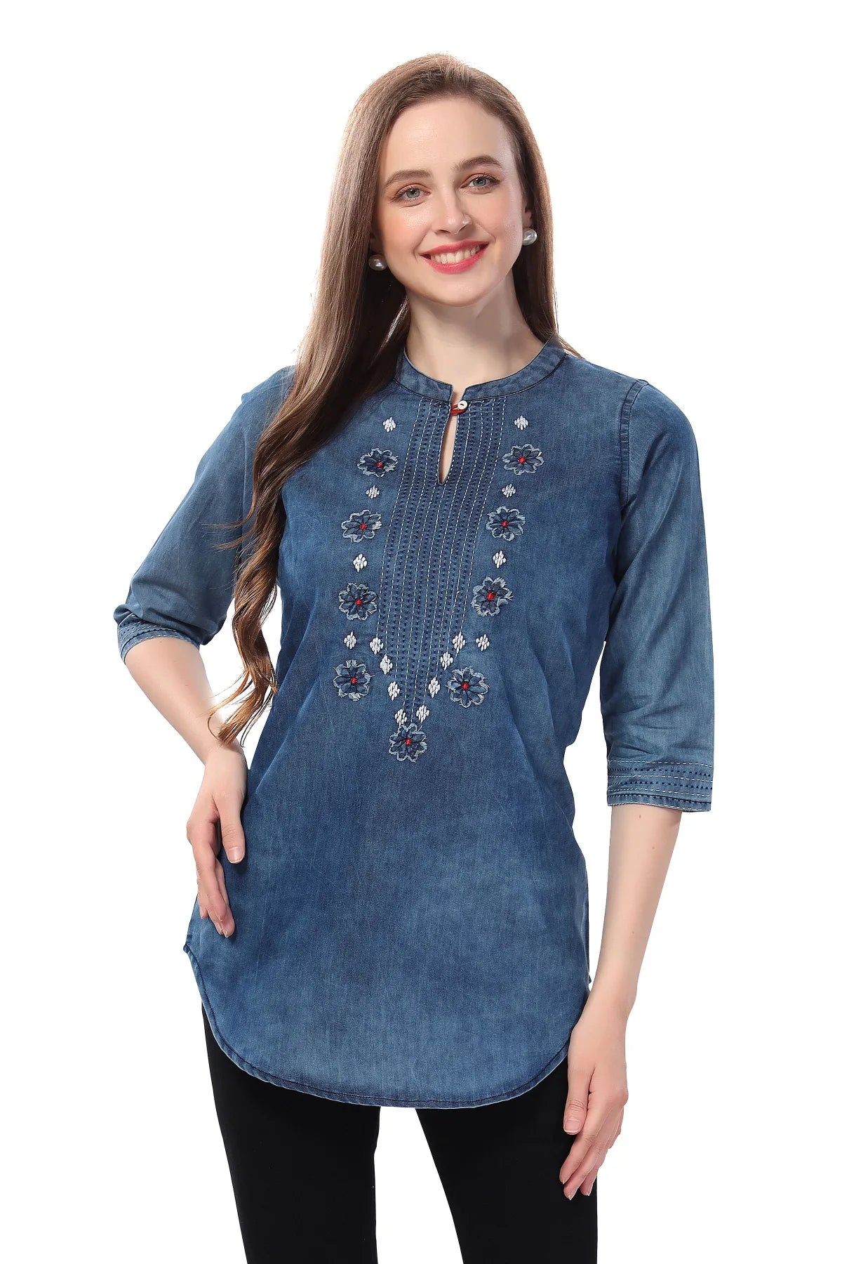 Denim Blue Tunic with Applique Embroidery, Cloud Wash