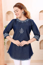 Denim Blue Boat Neck Tunic with Hand Embroidery