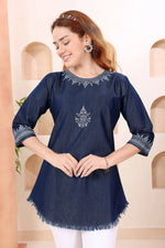 Denim Blue Boat Neck Tunic with Hand Embroidery