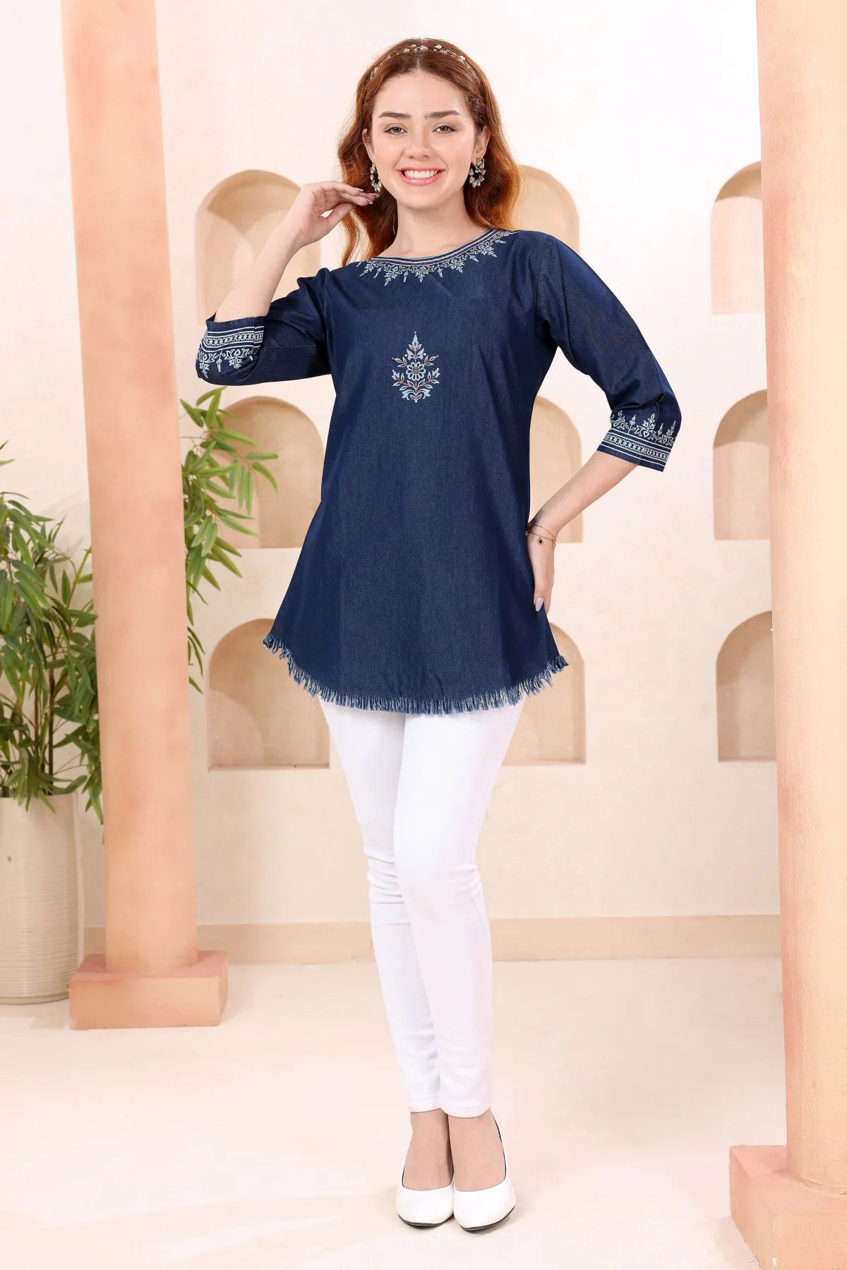 Denim Blue Boat Neck Tunic with Hand Embroidery