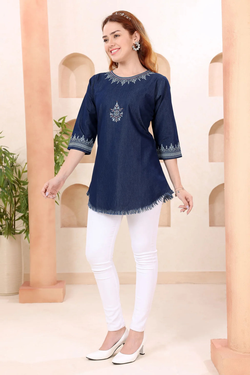 Denim Blue Boat Neck Tunic with Hand Embroidery