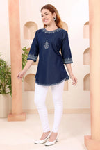 Denim Blue Boat Neck Tunic with Hand Embroidery