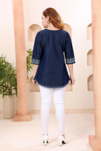 Denim Blue Boat Neck Tunic with Hand Embroidery