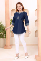 Denim Blue Boat Neck Tunic with Hand Embroidery
