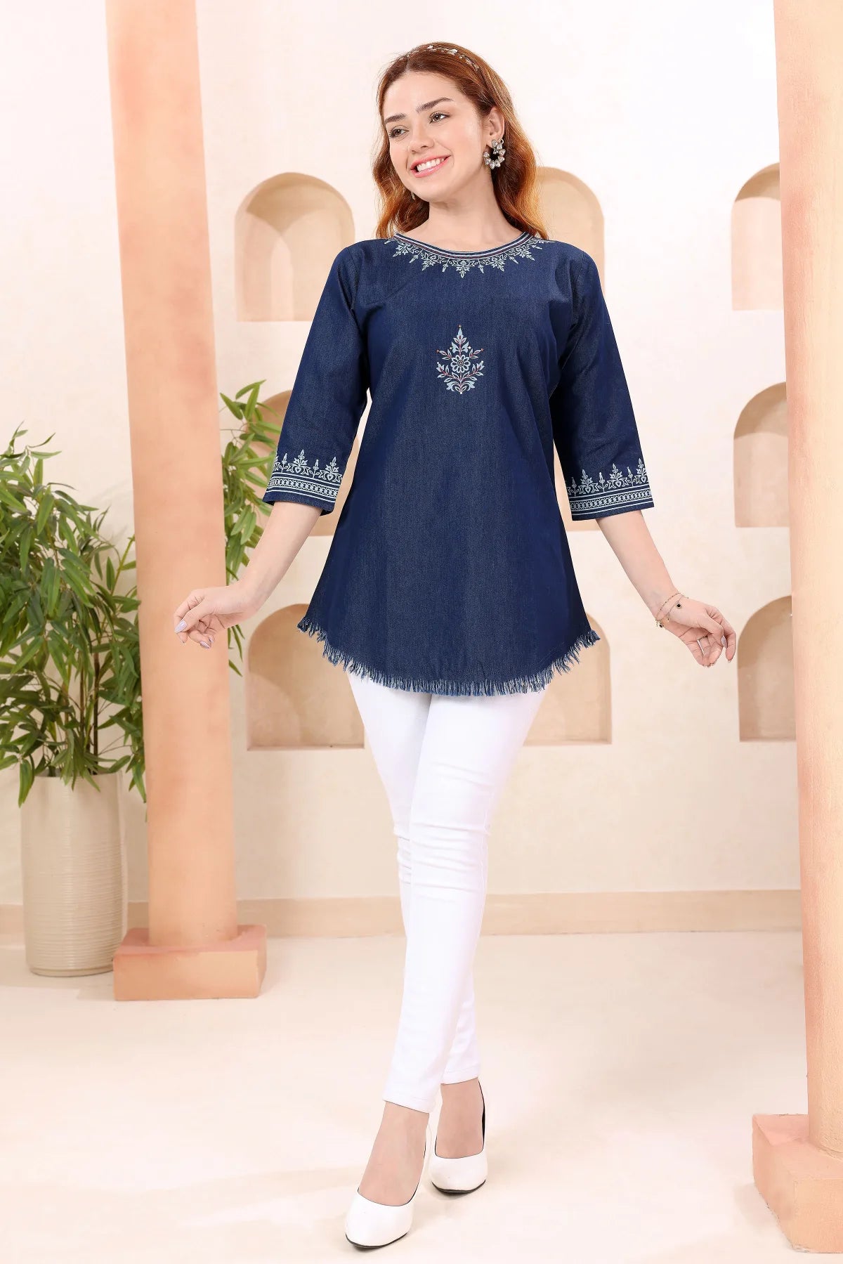 Denim Blue Boat Neck Tunic with Hand Embroidery