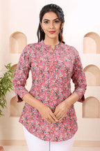 Floral Coral Ban Collar Short Tunic Top for Women