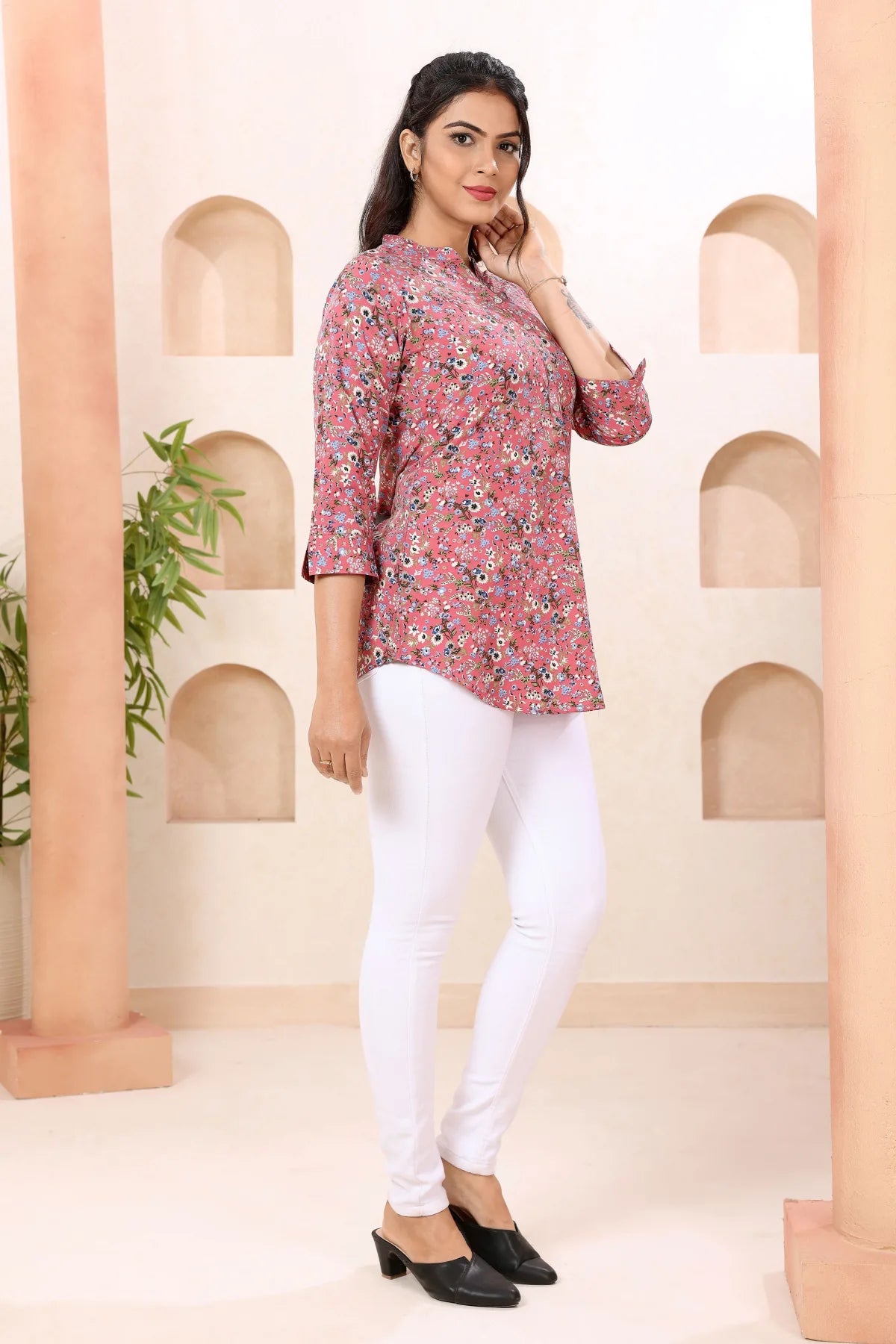 Floral Coral Ban Collar Short Tunic Top for Women