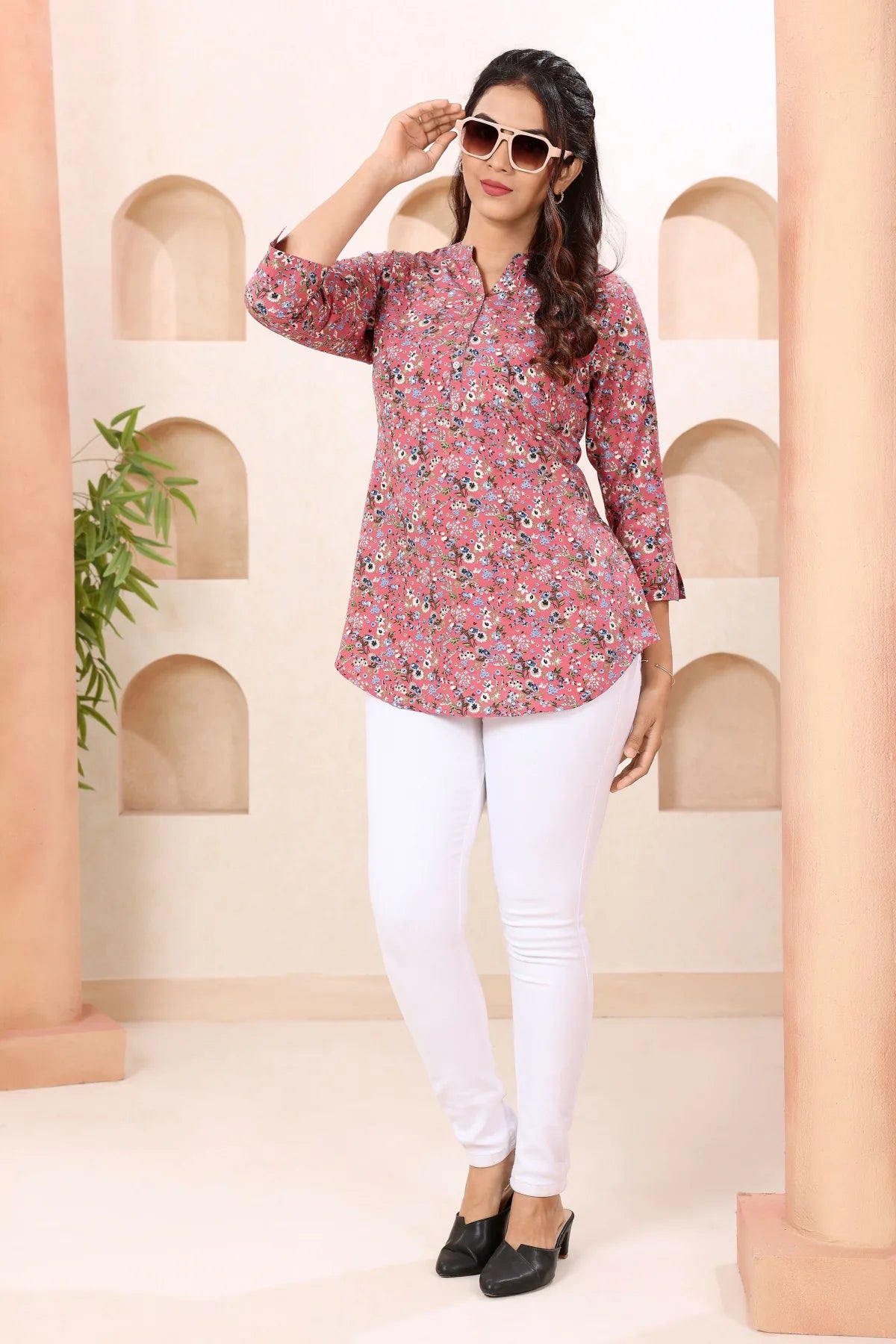 Floral Coral Ban Collar Short Tunic Top for Women