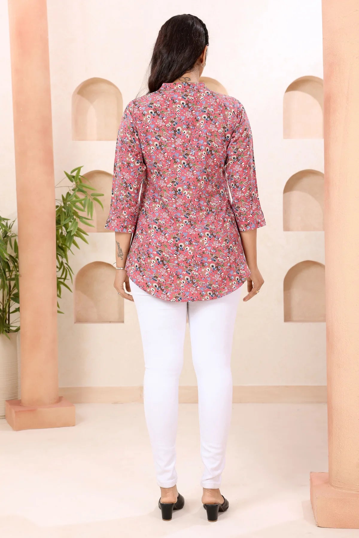 Floral Coral Ban Collar Short Tunic Top for Women