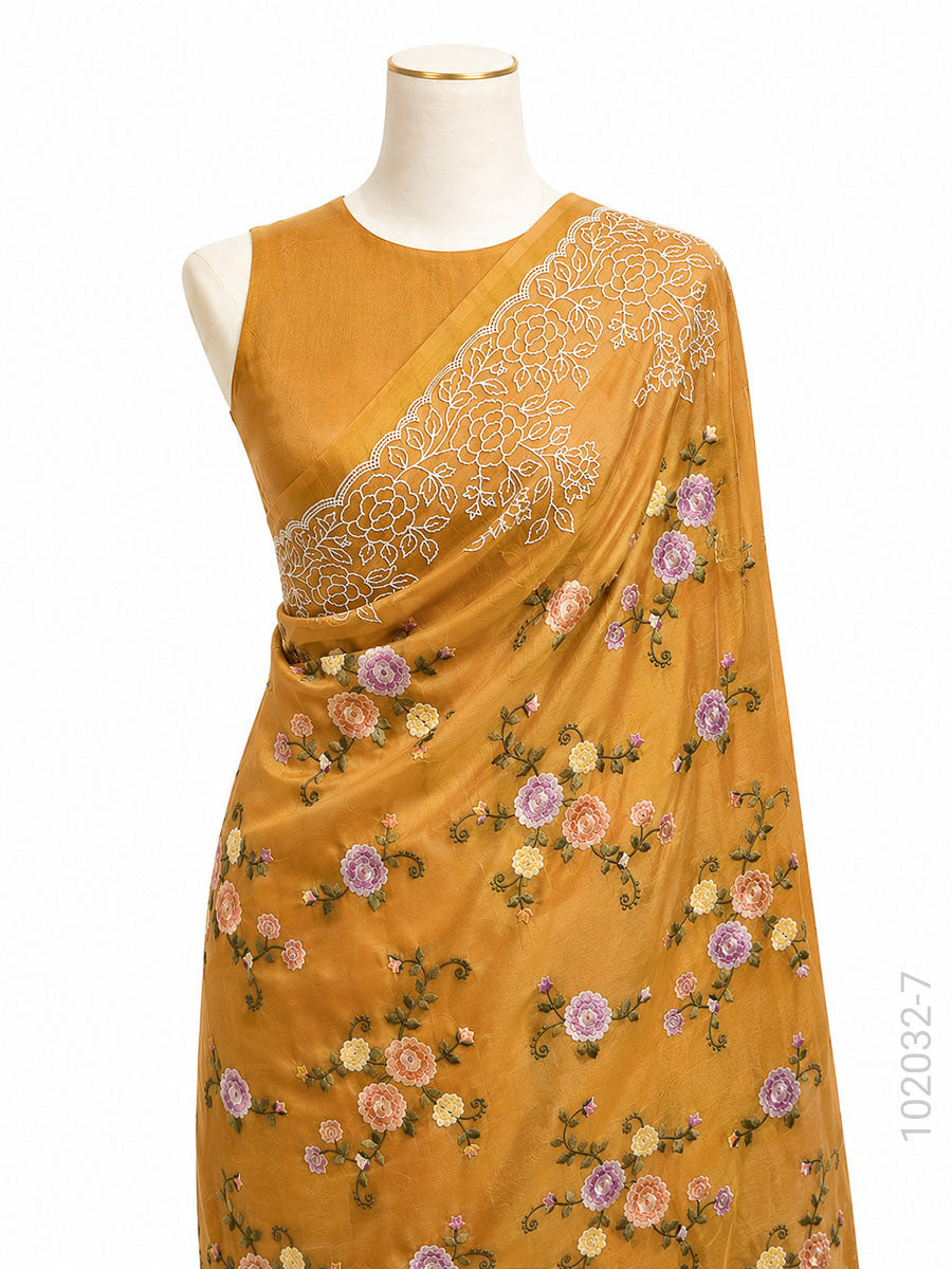 Kora Organza Embroidery Work Floral Banarasi Saree