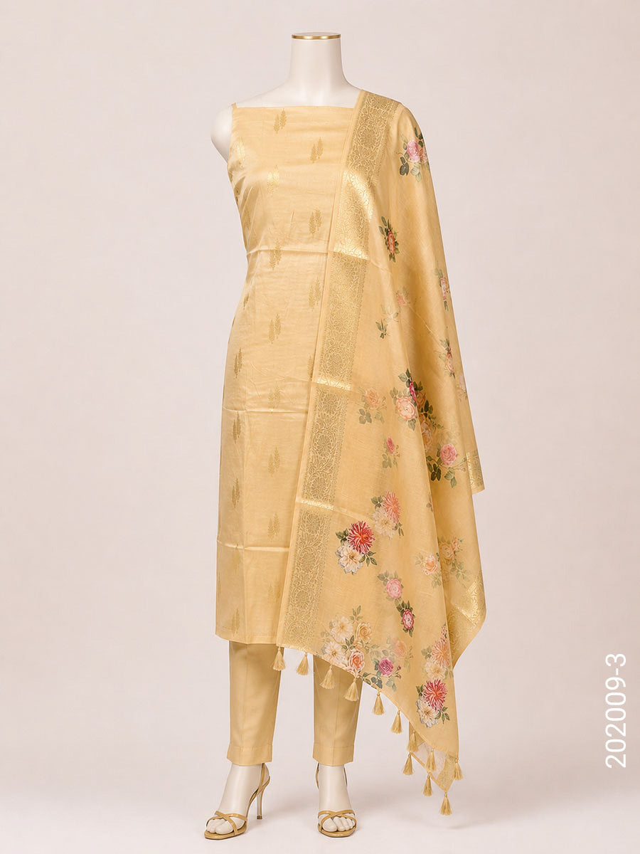 Mercerized Cotton Zari Buta Work Banarasi Suit With Chanderi Dupatta